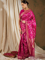 Thumbnail for Sangria Pink & Gold-Toned Floral Woven Design Zari Banarasi Saree - Distacart
