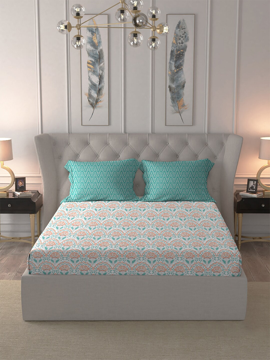 MYTRIDENT Orange Blue Ethnic Motifs Pure Cotton 120 TC Queen Bedsheet With 2 Pillow Covers - Distacart