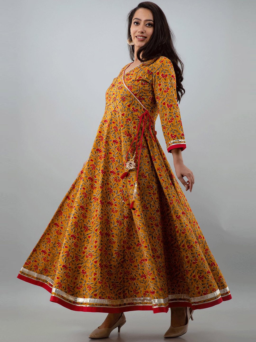 Kalini Women Mustard Yellow & Red Ethnic Motifs Printed Angrakha Anarkali Kurta - Distacart