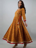 Thumbnail for Kalini Women Mustard Yellow & Red Ethnic Motifs Printed Angrakha Anarkali Kurta - Distacart