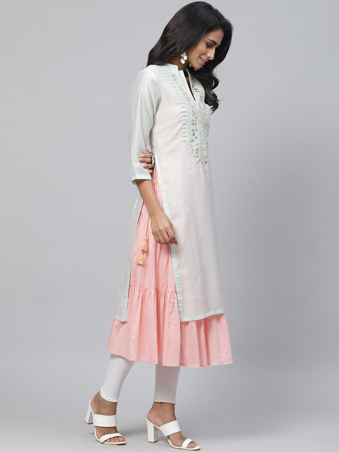 Biba Women Sea Green & Pink Yoke Design Layered A-Line Kurta - Distacart