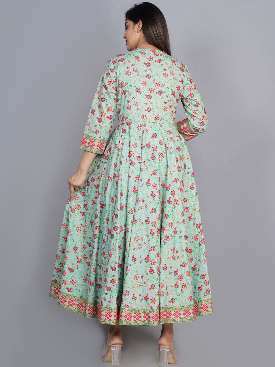 Kalini Women Sea Green & Pink Floral Printed Anarkali Kurta - Distacart