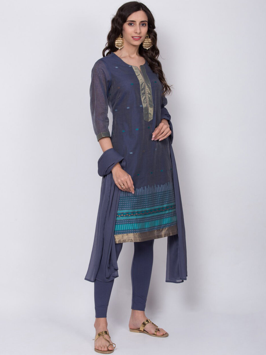 Biba Women Navy Blue Woven Design Kurta with Churidar & Dupatta - Distacart