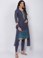 Thumbnail for Biba Women Navy Blue Woven Design Kurta with Churidar & Dupatta - Distacart