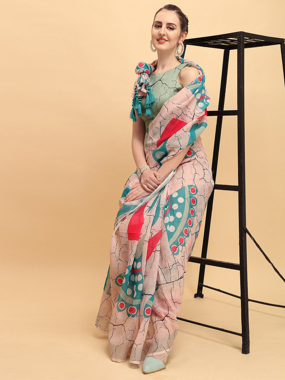 Sangria Abstract Printed Embellished Pure Linen Saree - Distacart