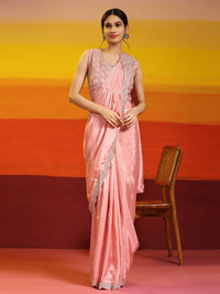 Thumbnail for Peach Silk Satin Plain Ready to wear Saree with stitched Blouse - Vrinda - Distacart