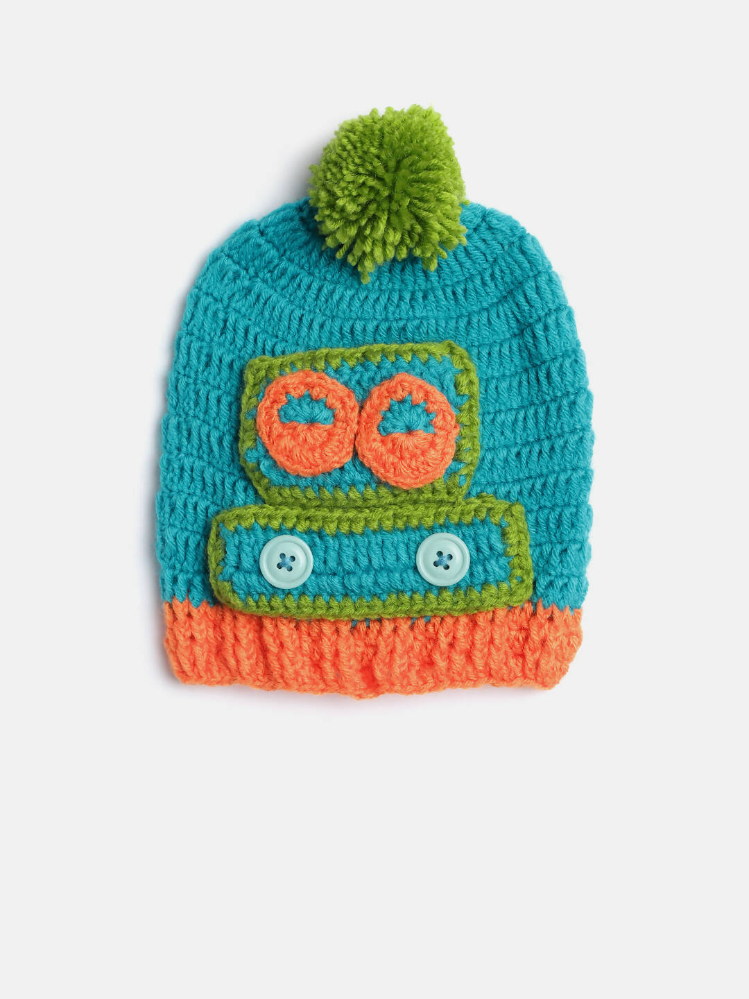 Chutput Kids Woollen Hand Knitted robot Detail Cap - Sea Green - Distacart