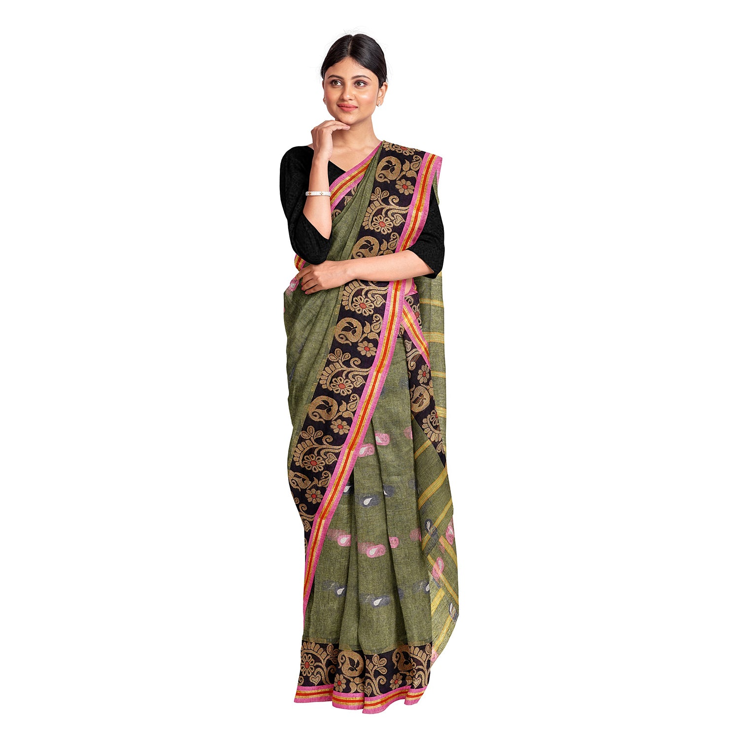 Exclusive Collection 100% Pure Cotton Pesta Tant Saree With Hand Weaving Work - Distacart