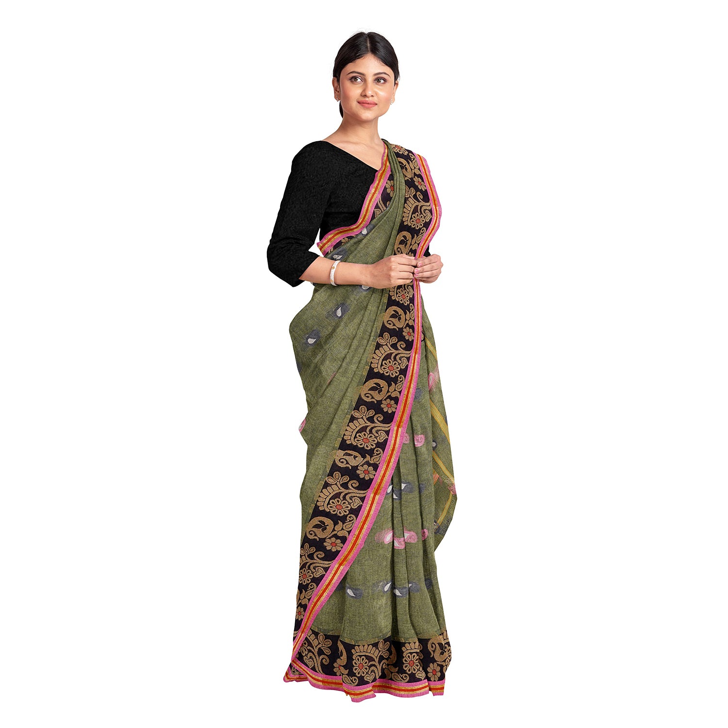 Exclusive Collection 100% Pure Cotton Pesta Tant Saree With Hand Weaving Work - Distacart