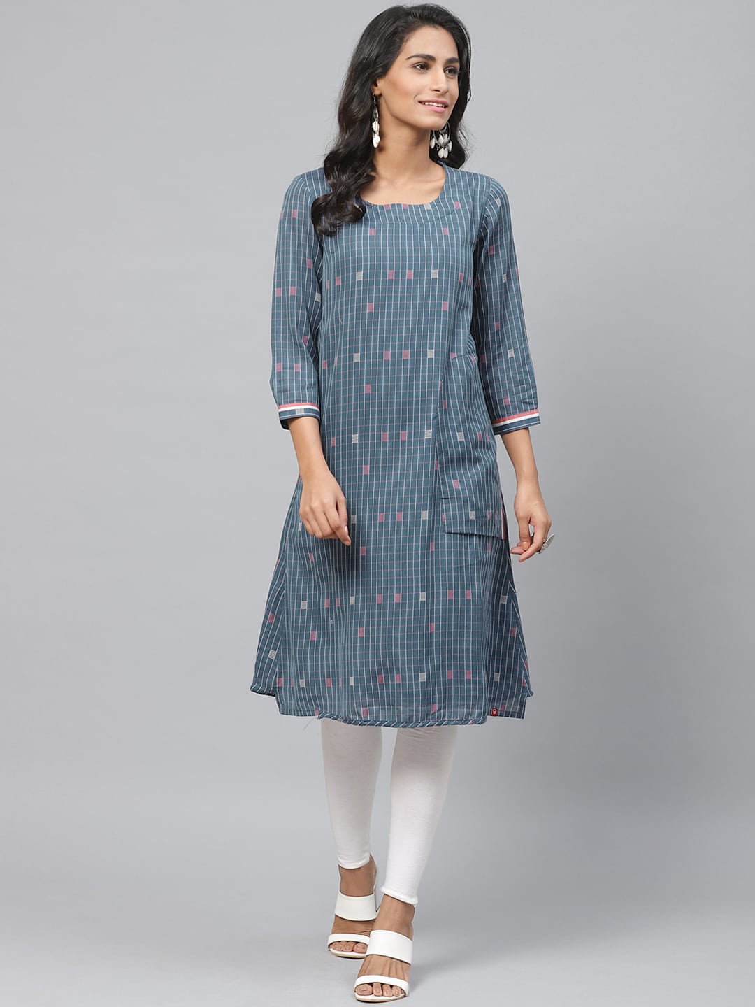 Biba Women Blue & White Checked A-Line Kurta - Distacart