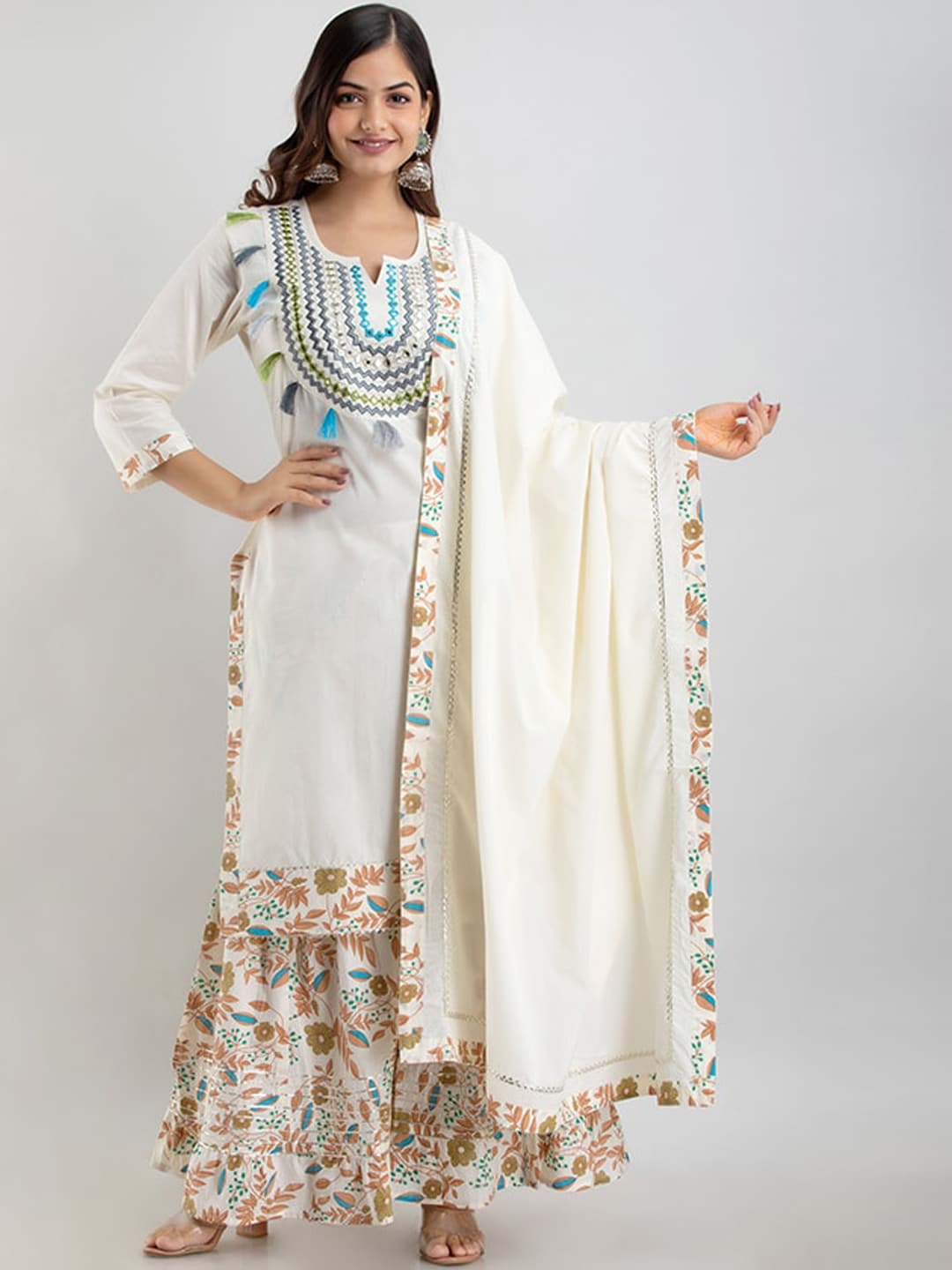 Kalini Off White Floral Yoke Desig Mirror Work Pure Cotton Kurta & Sharara With Dupatta - Distacart