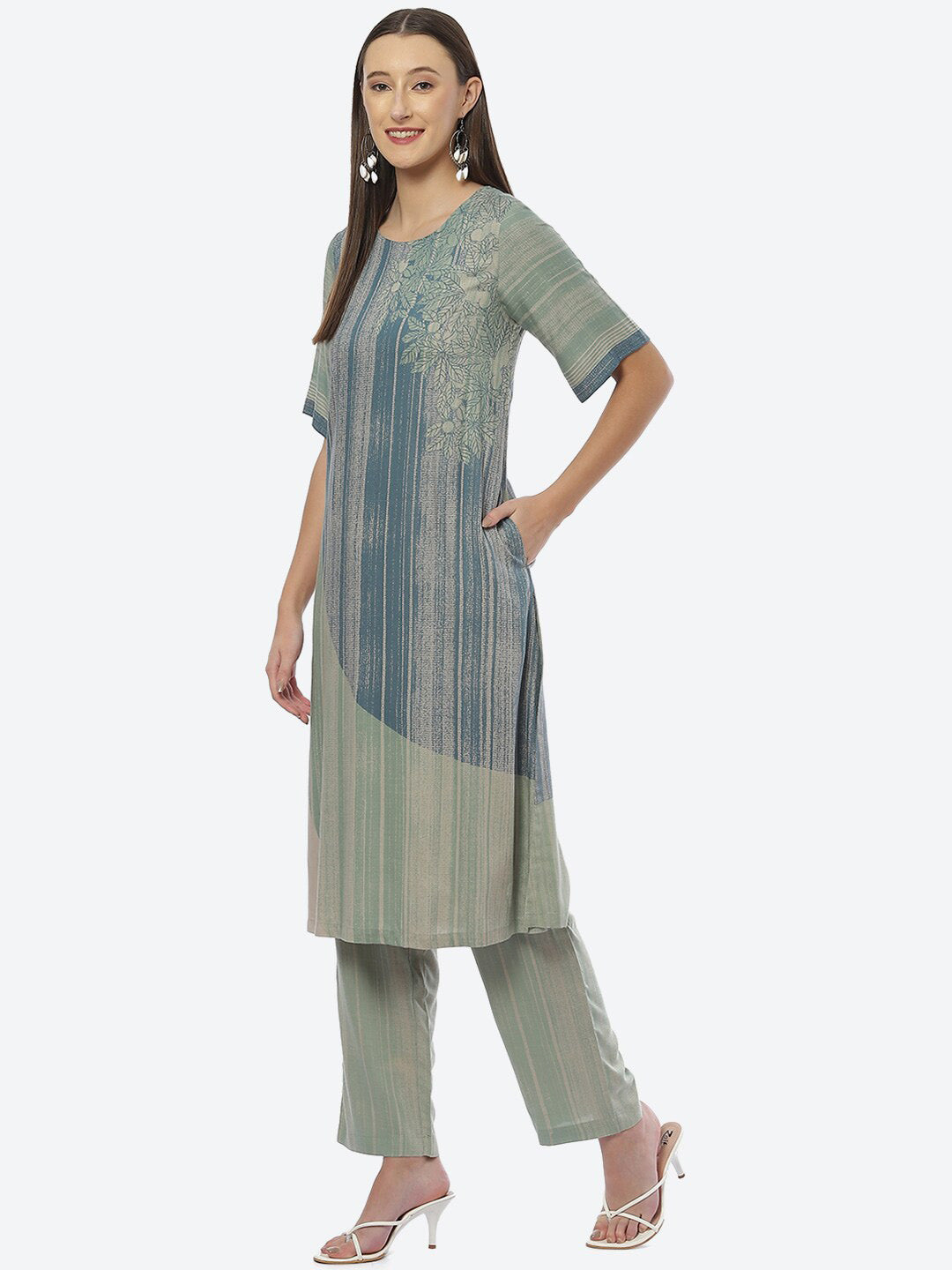 Biba Women Blue & Green Striped Kurta with Trousers - Distacart