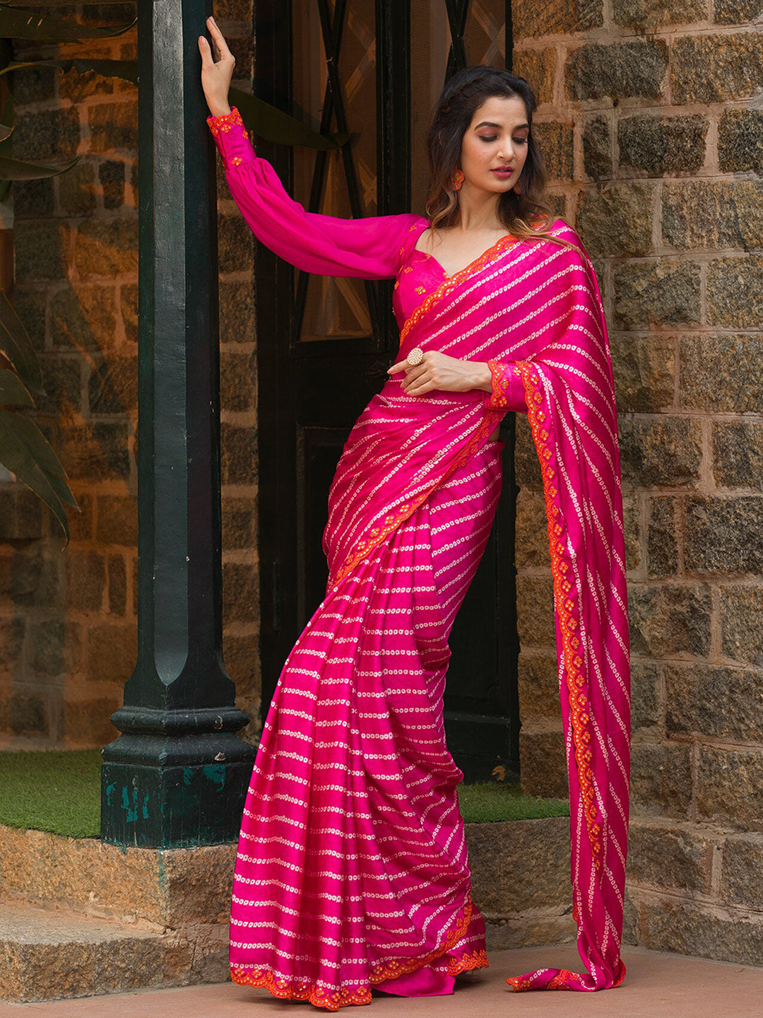 Koskii Mirror Work Embroidered Satin Bandhani Saree - Distacart