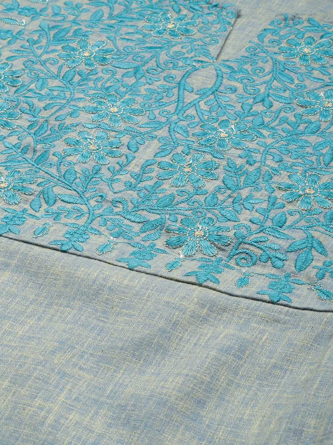 HERE&NOW Grey & Blue Embroidered Cotton Kurta with Trousers & With Dupatta - Distacart