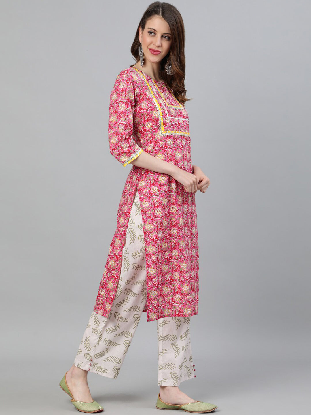 Jaipur Kurti Women Pink & Cream-Coloured Printed Kurta with Trousers & Dupatta - Distacart