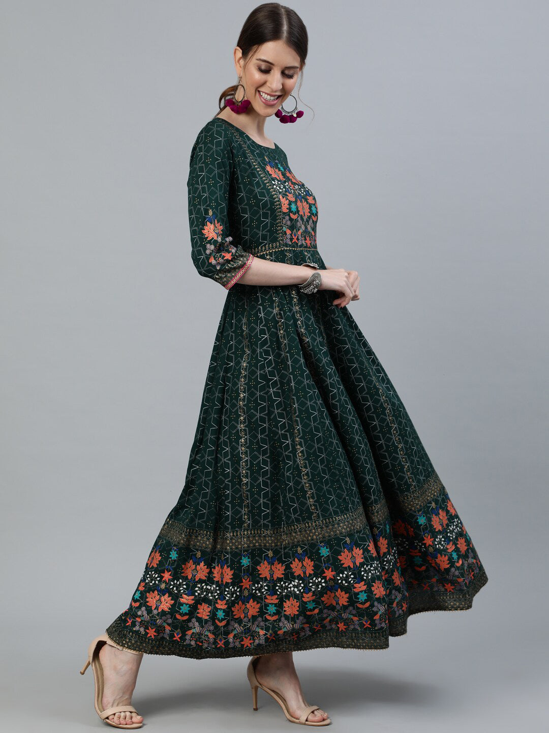 Jaipur Kurti Women Green & Peach-Coloured Floral Printed Anarkali Kurta - Distacart
