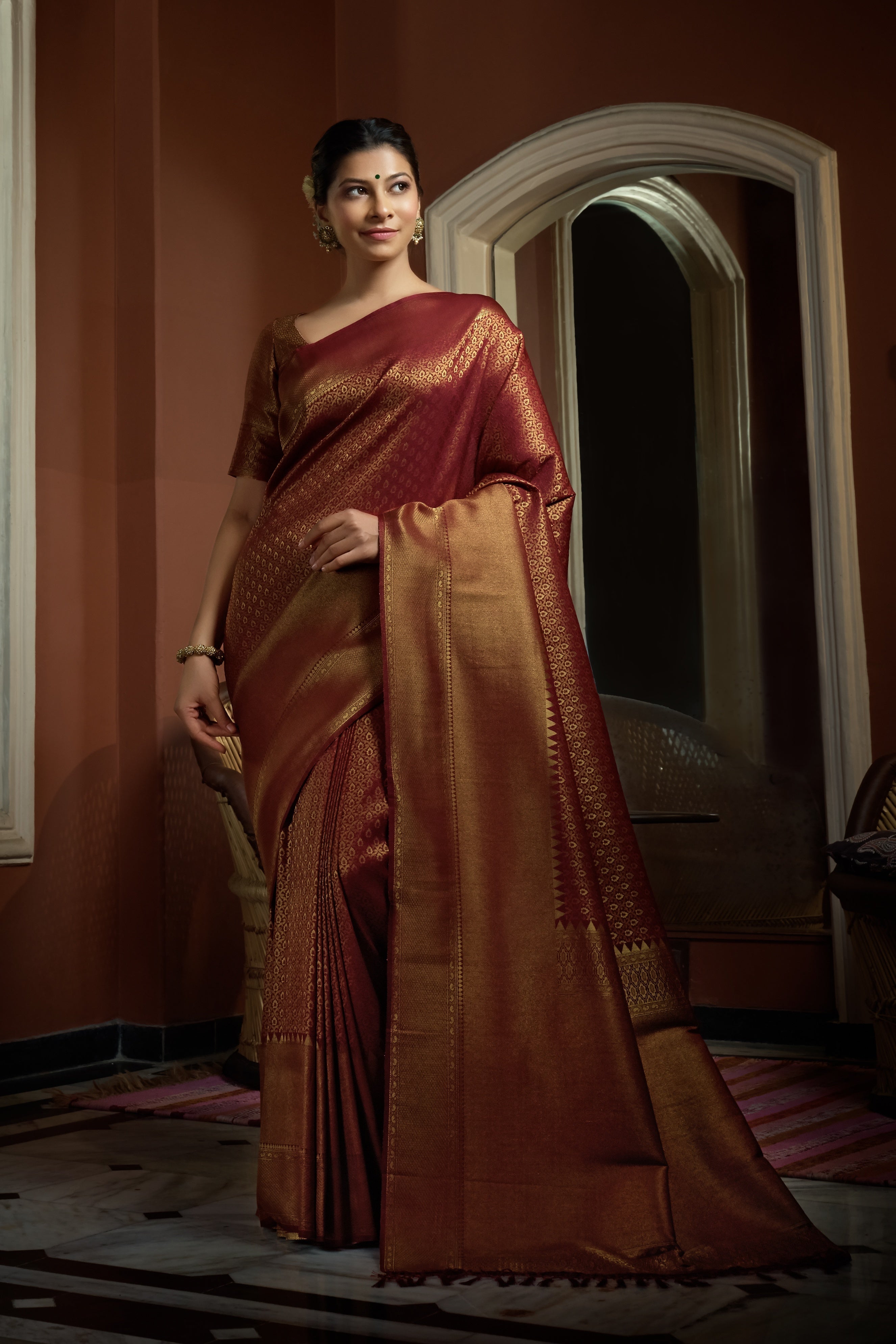 Vardha Rosewood Maroon Golden Zari Kanjeevaram Silk Saree
