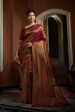 Thumbnail for Vardha Rosewood Maroon Golden Zari Kanjeevaram Silk Saree