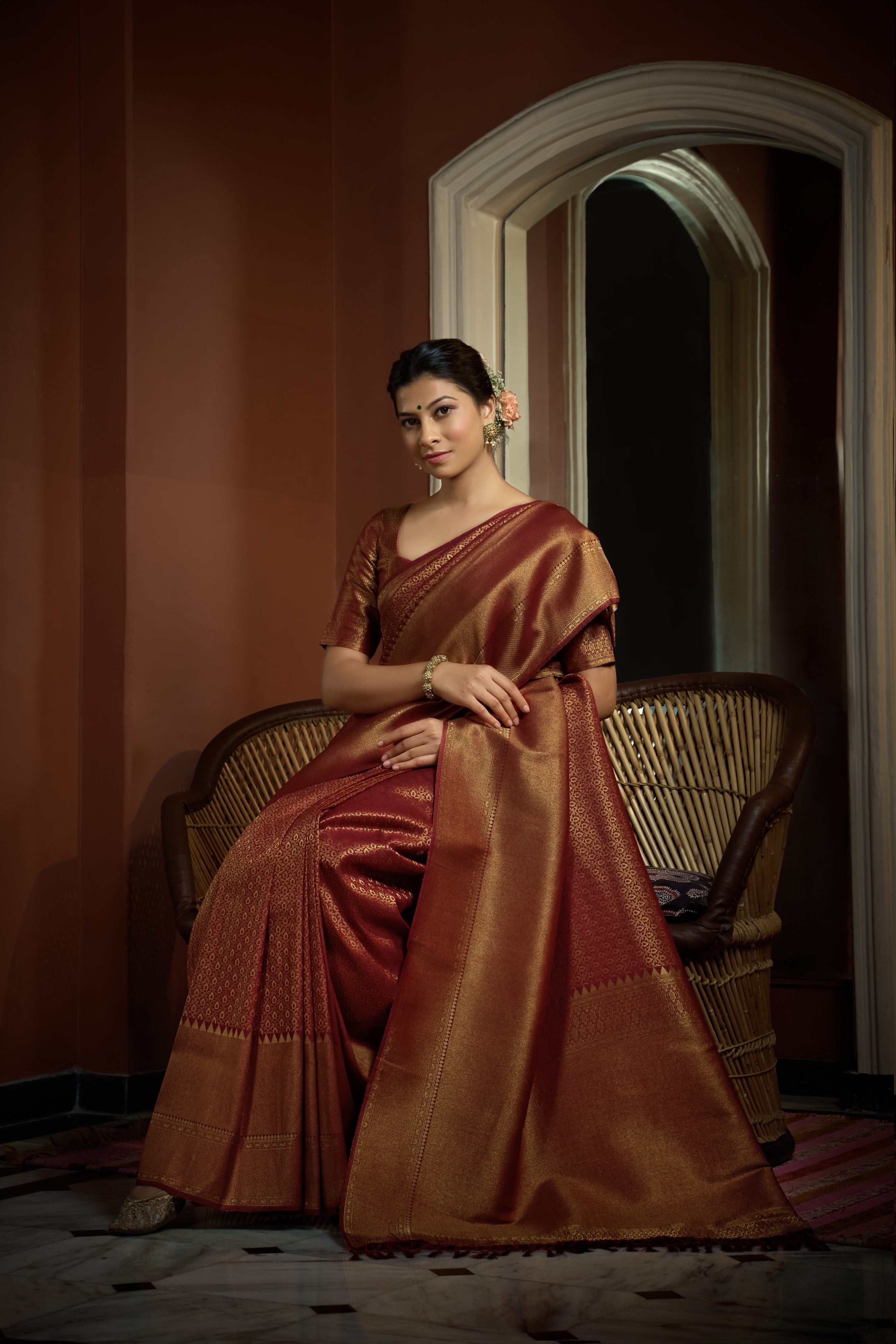 Vardha Rosewood Maroon Golden Zari Kanjeevaram Silk Saree