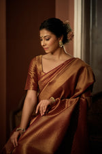 Thumbnail for Vardha Rosewood Maroon Golden Zari Kanjeevaram Silk Saree