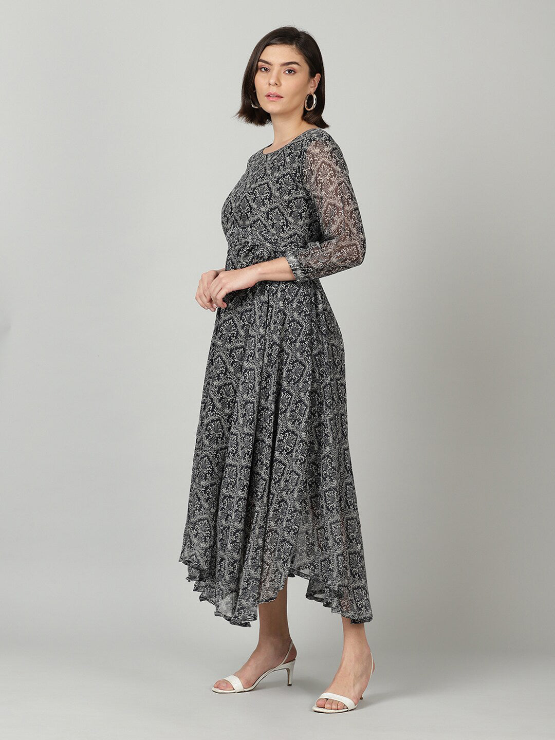 Souchii Women Grey & Black Ethnic Motifs Chiffon A-Line Midi Dress - Distacart