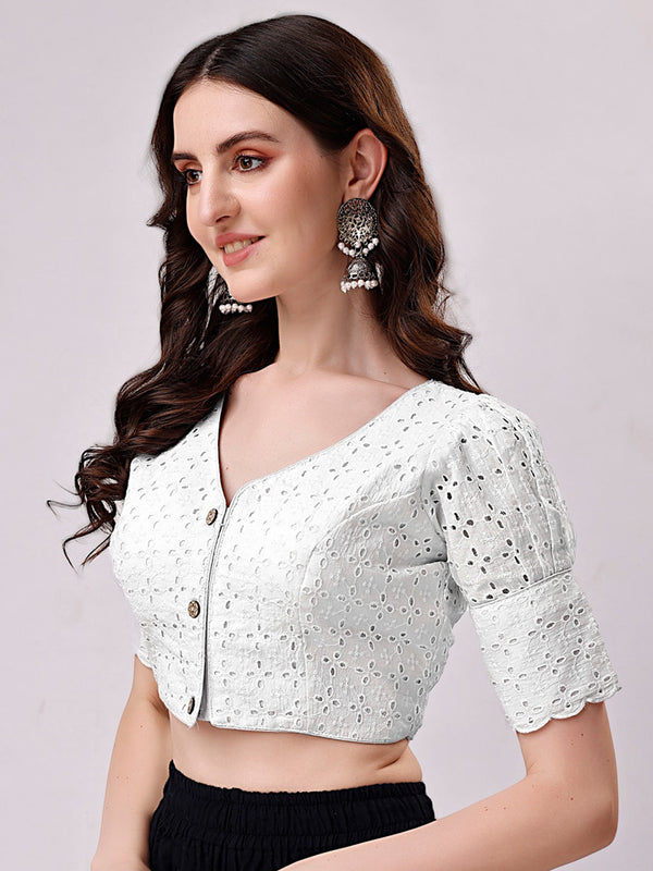 Tikhi Imli White Embroidered V-Neck Thread Work Detailed Cotton Saree Blouse - Distacart