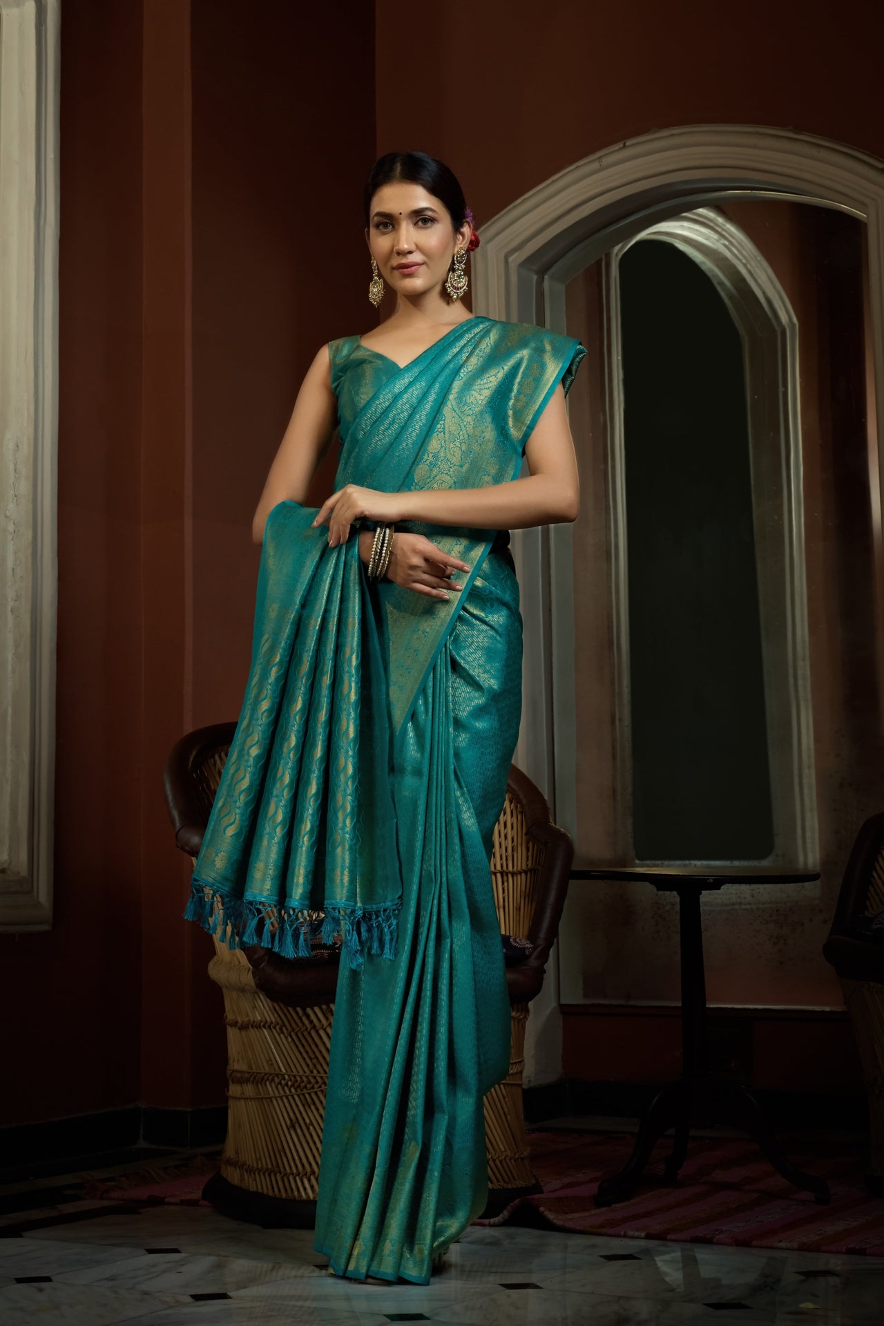 Vardha Tiffany Blue Golden Zari Kanjeevaram Silk Saree
