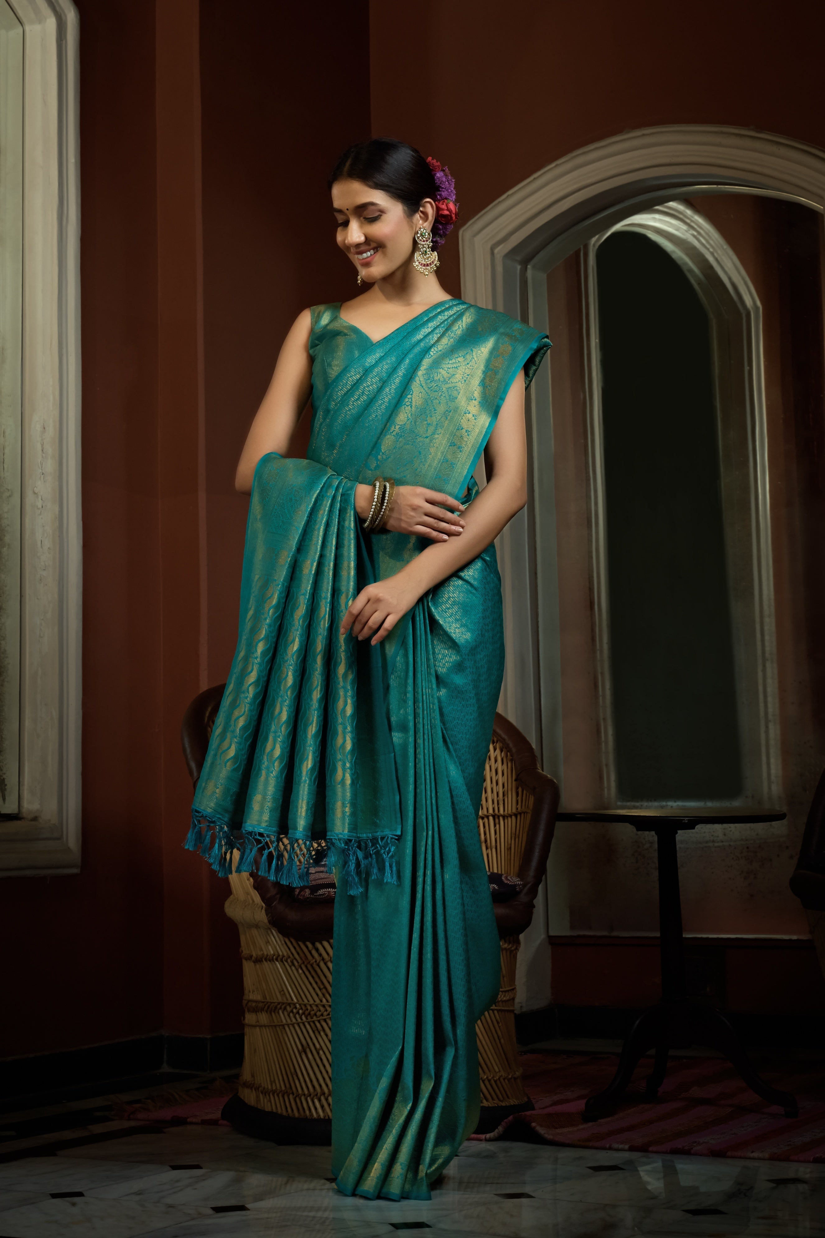 Vardha Tiffany Blue Golden Zari Kanjeevaram Silk Saree