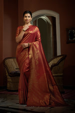 Thumbnail for Vardha Auburn Red Golden Zari Kanjeevaram Silk Saree