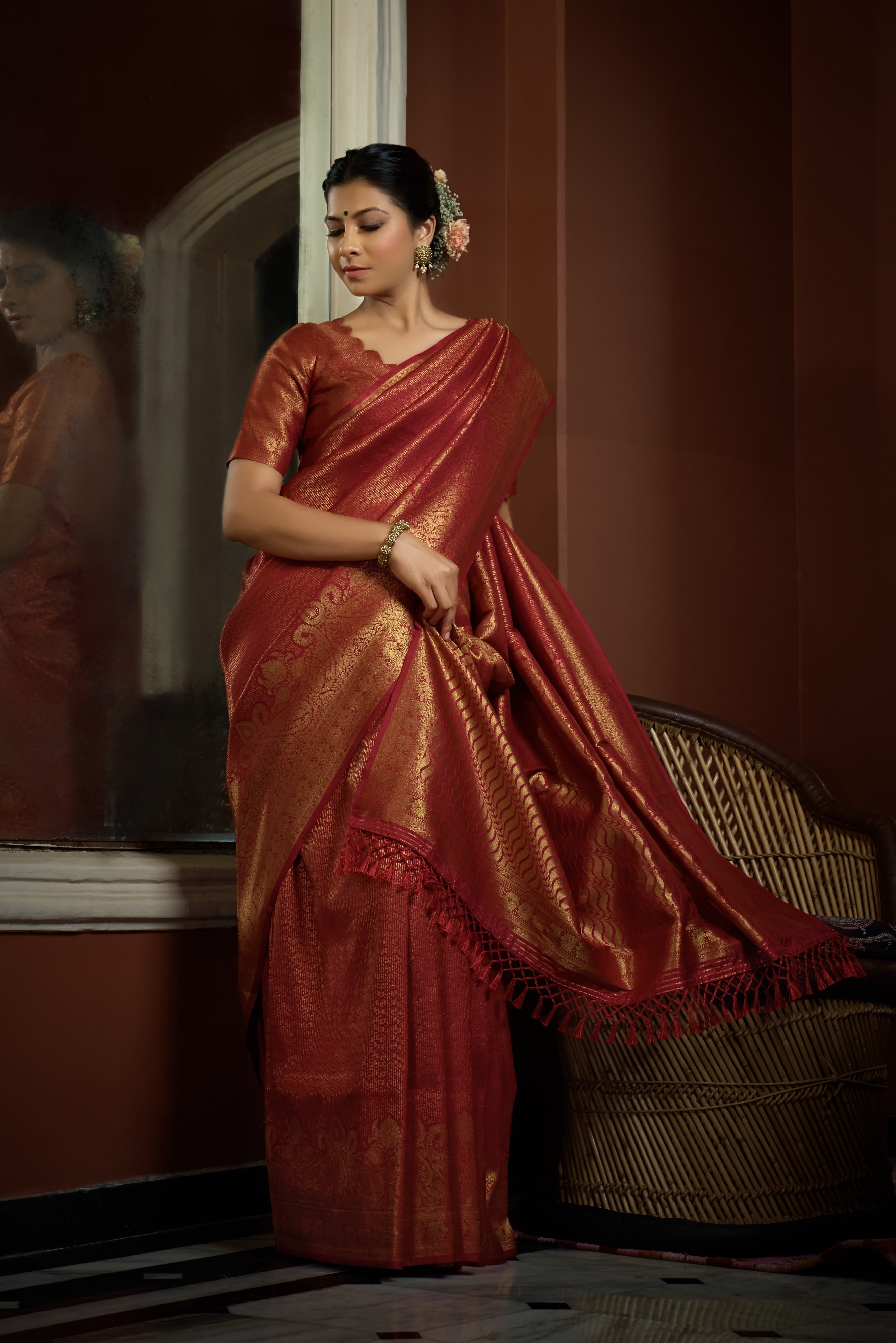 Vardha Auburn Red Golden Zari Kanjeevaram Silk Saree