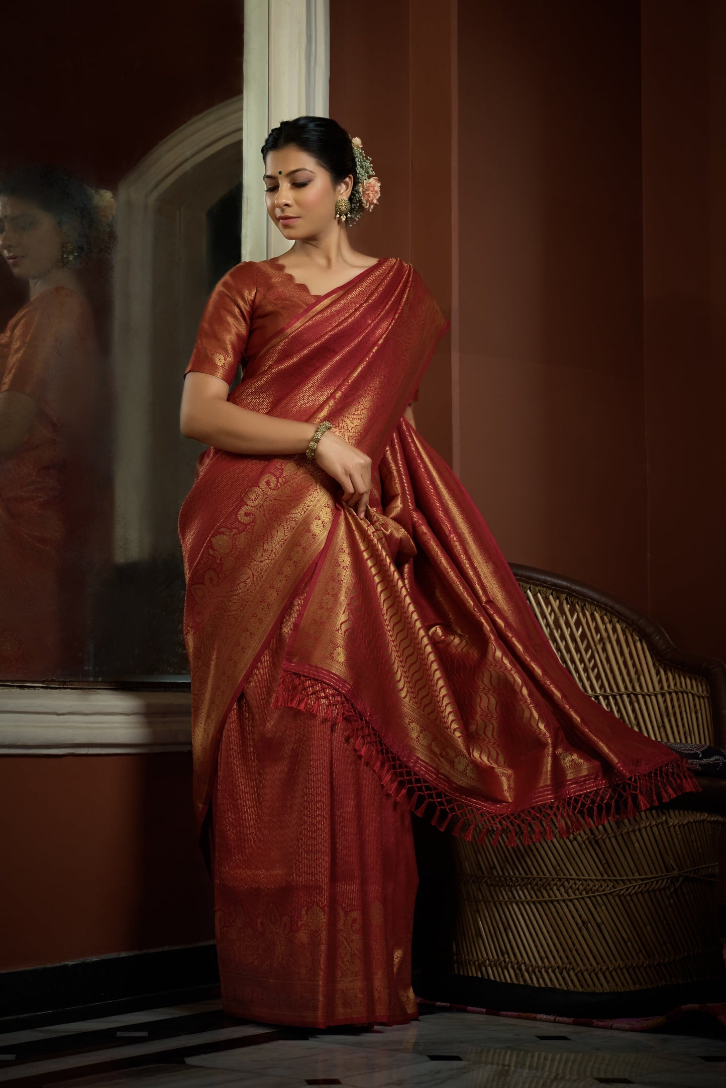Vardha Auburn Red Golden Zari Kanjeevaram Silk Saree