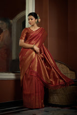 Thumbnail for Vardha Auburn Red Golden Zari Kanjeevaram Silk Saree