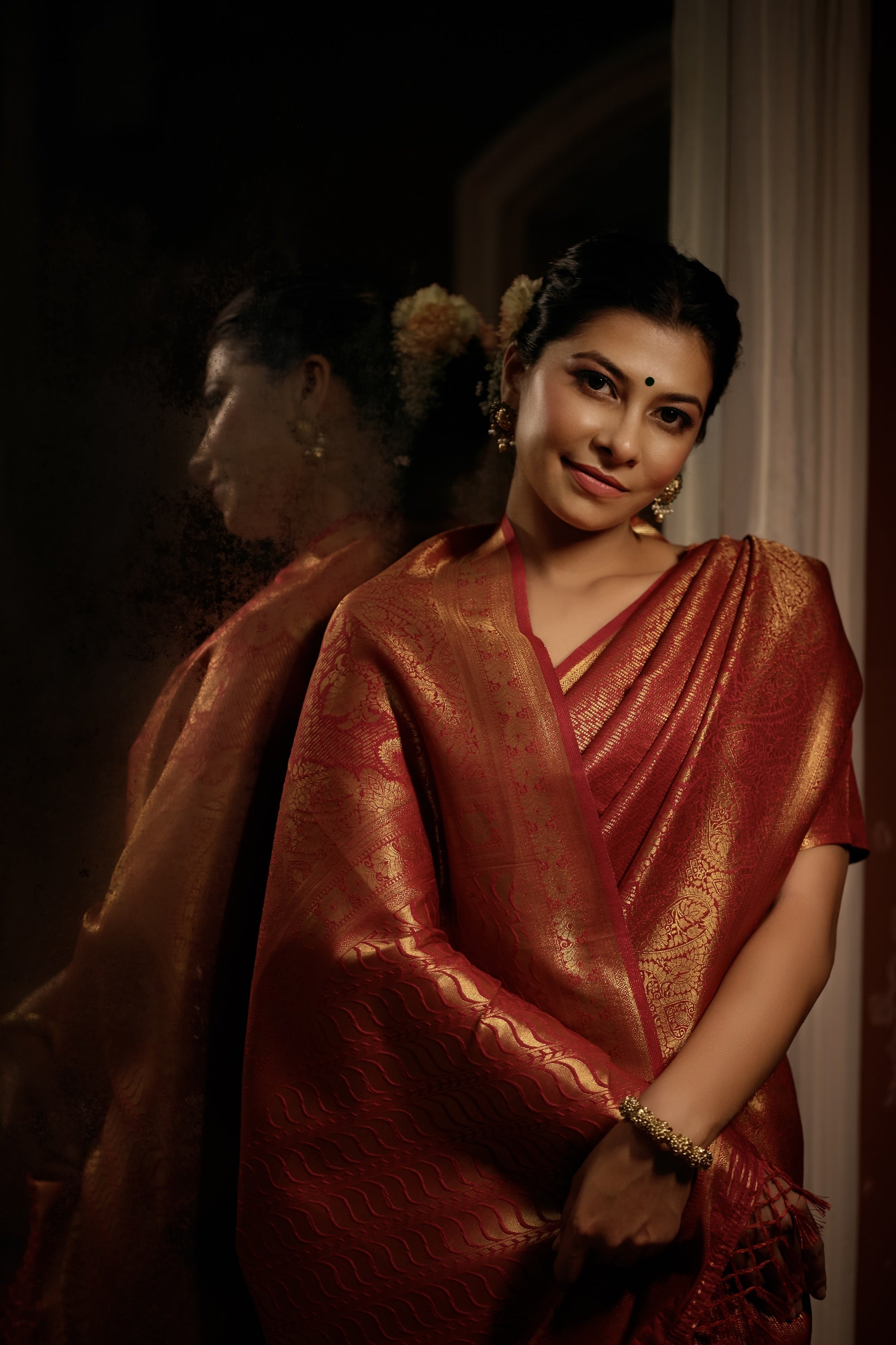 Vardha Auburn Red Golden Zari Kanjeevaram Silk Saree