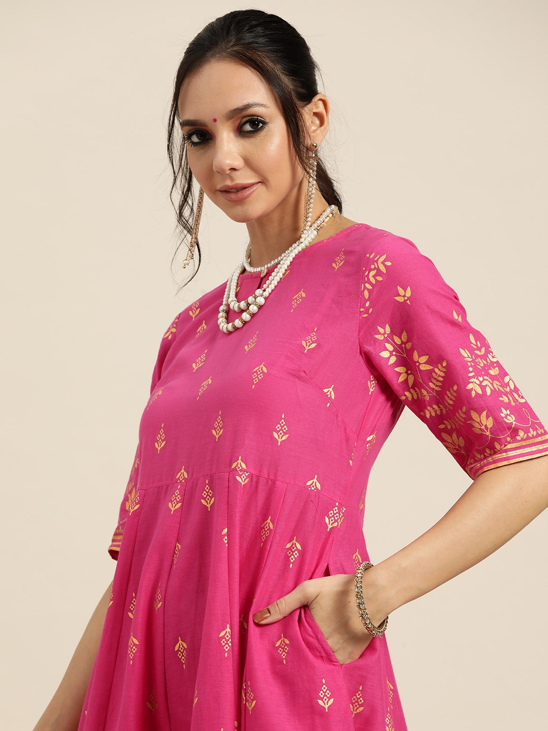 Sangria Women Pink & Golden Ethnic Motifs Printed Keyhole Neck Kurta - Distacart