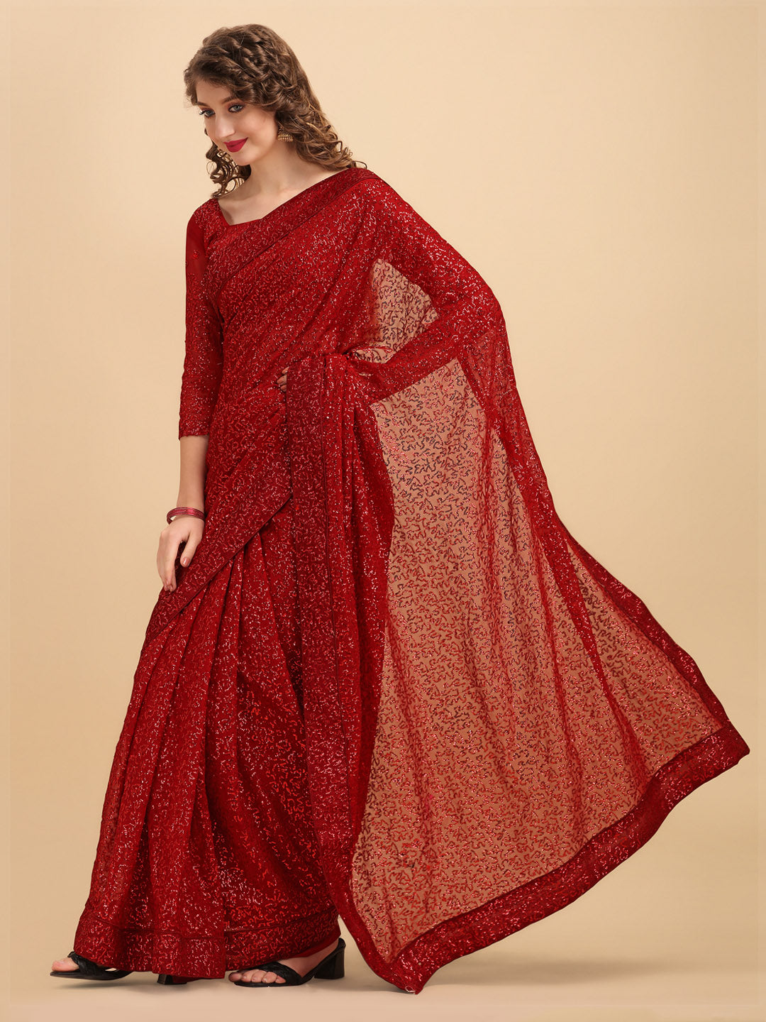 Sangria Maroon Embellished Sequinned Pure Georgette Saree - Distacart