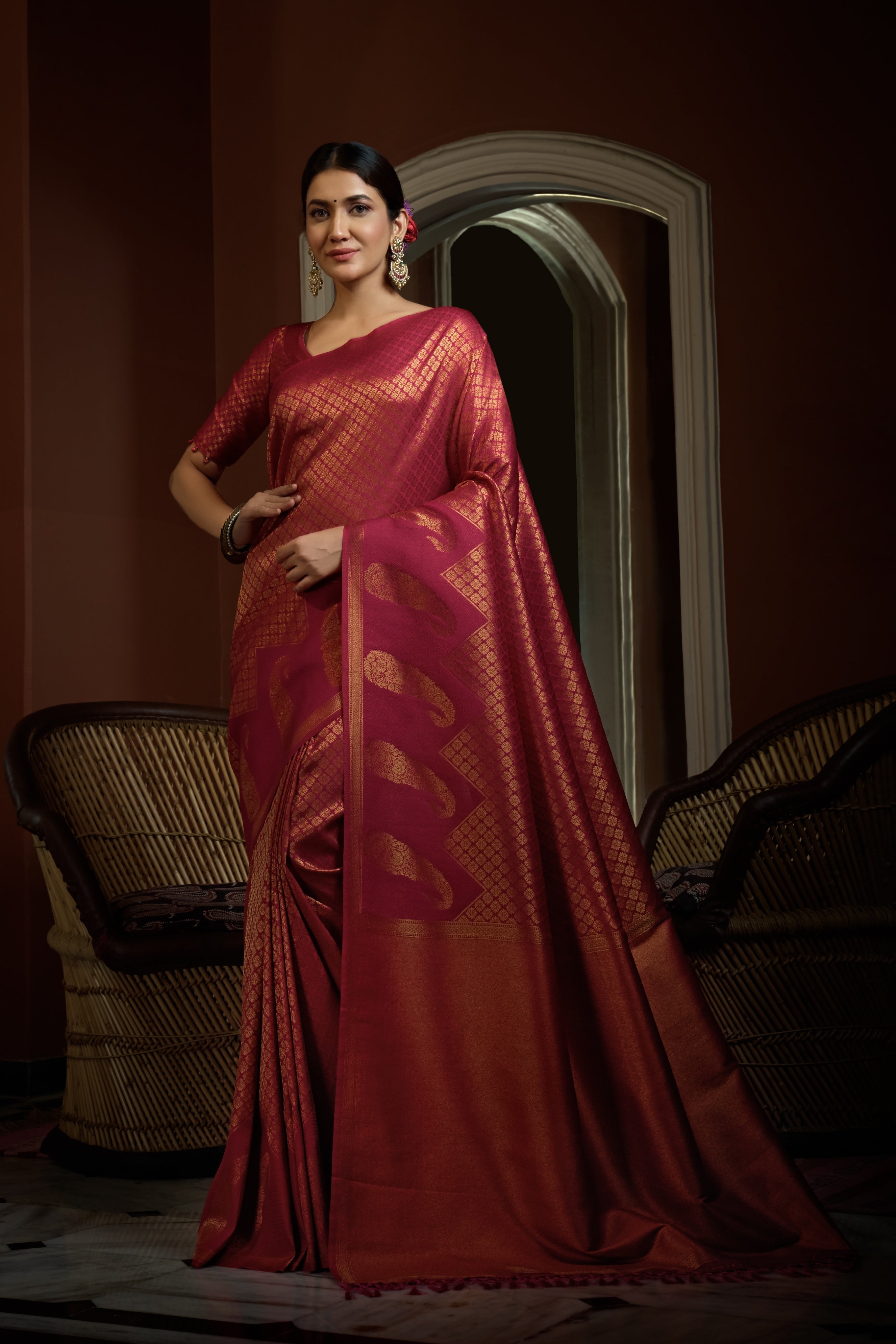 Vardha Fuchsia Pink Golden Zari Kanjeevaram Silk Saree