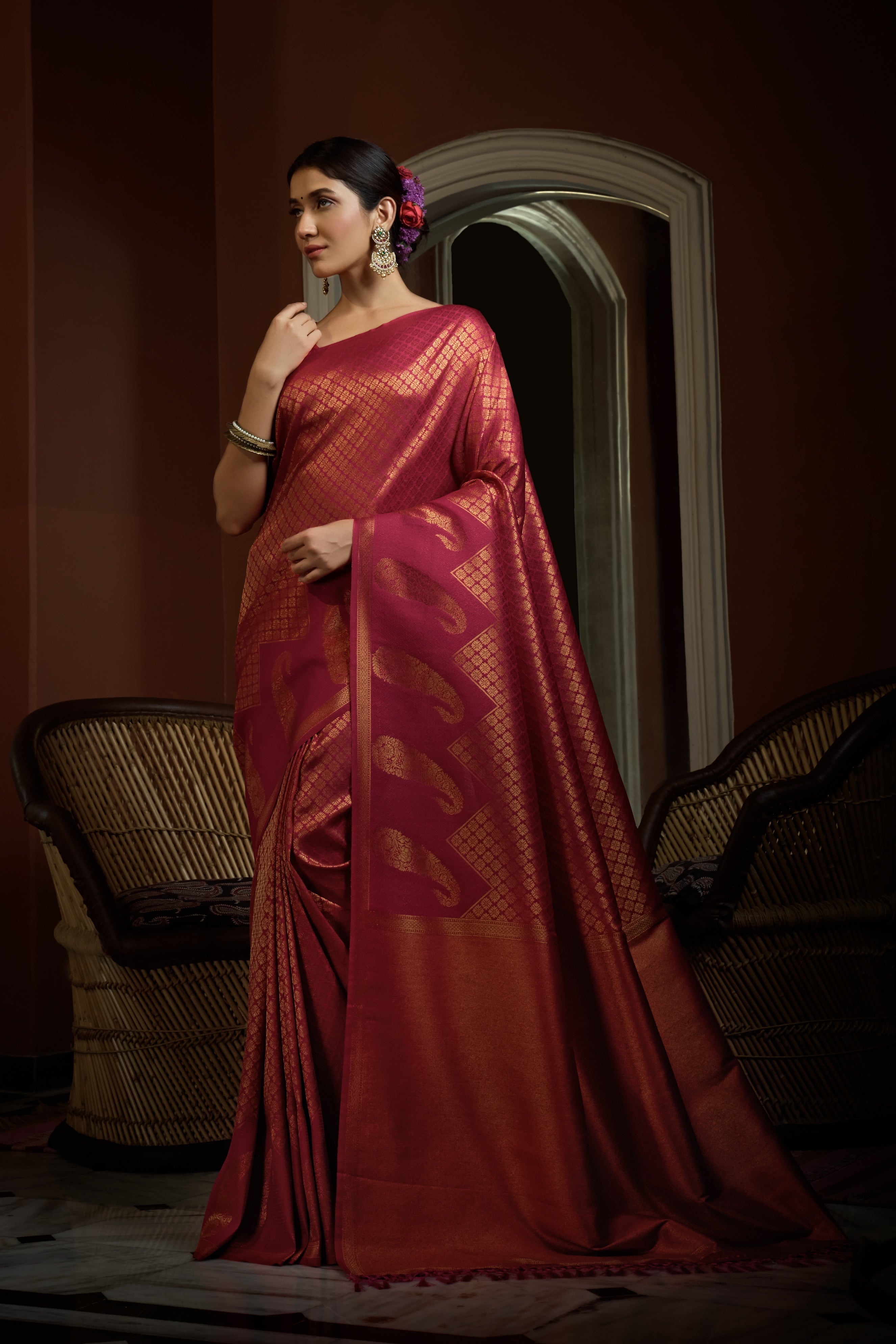 Vardha Fuchsia Pink Golden Zari Kanjeevaram Silk Saree