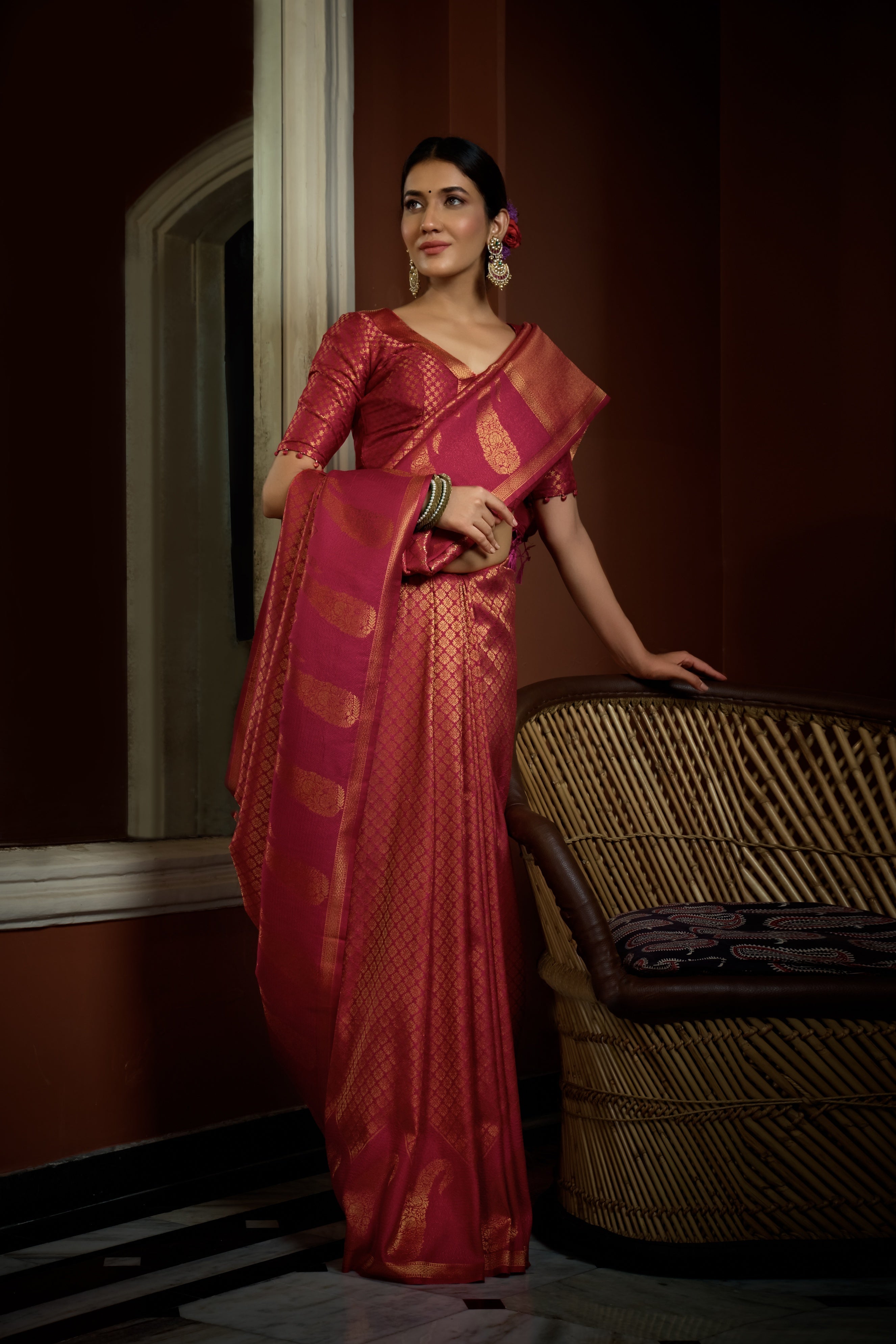 Vardha Fuchsia Pink Golden Zari Kanjeevaram Silk Saree