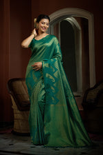 Thumbnail for Vardha Teal Green Golden Zari Kanjeevaram Silk Saree