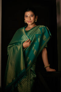 Thumbnail for Vardha Teal Green Golden Zari Kanjeevaram Silk Saree