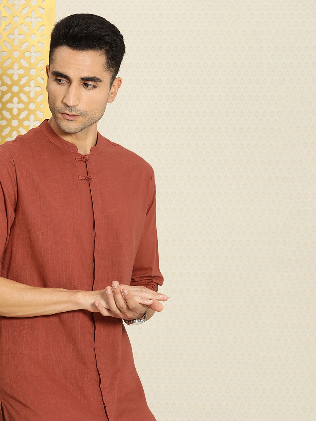 House of Pataudi Men Pure Cotton Solid Straight Mandarin Collar Rozana Kurta - Distacart