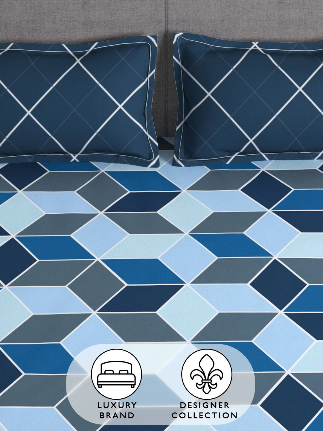 Story@home Arena Blue & Grey Geometric Printed 180 TC Queen Bedsheet & 2 Pillow Covers - Distacart