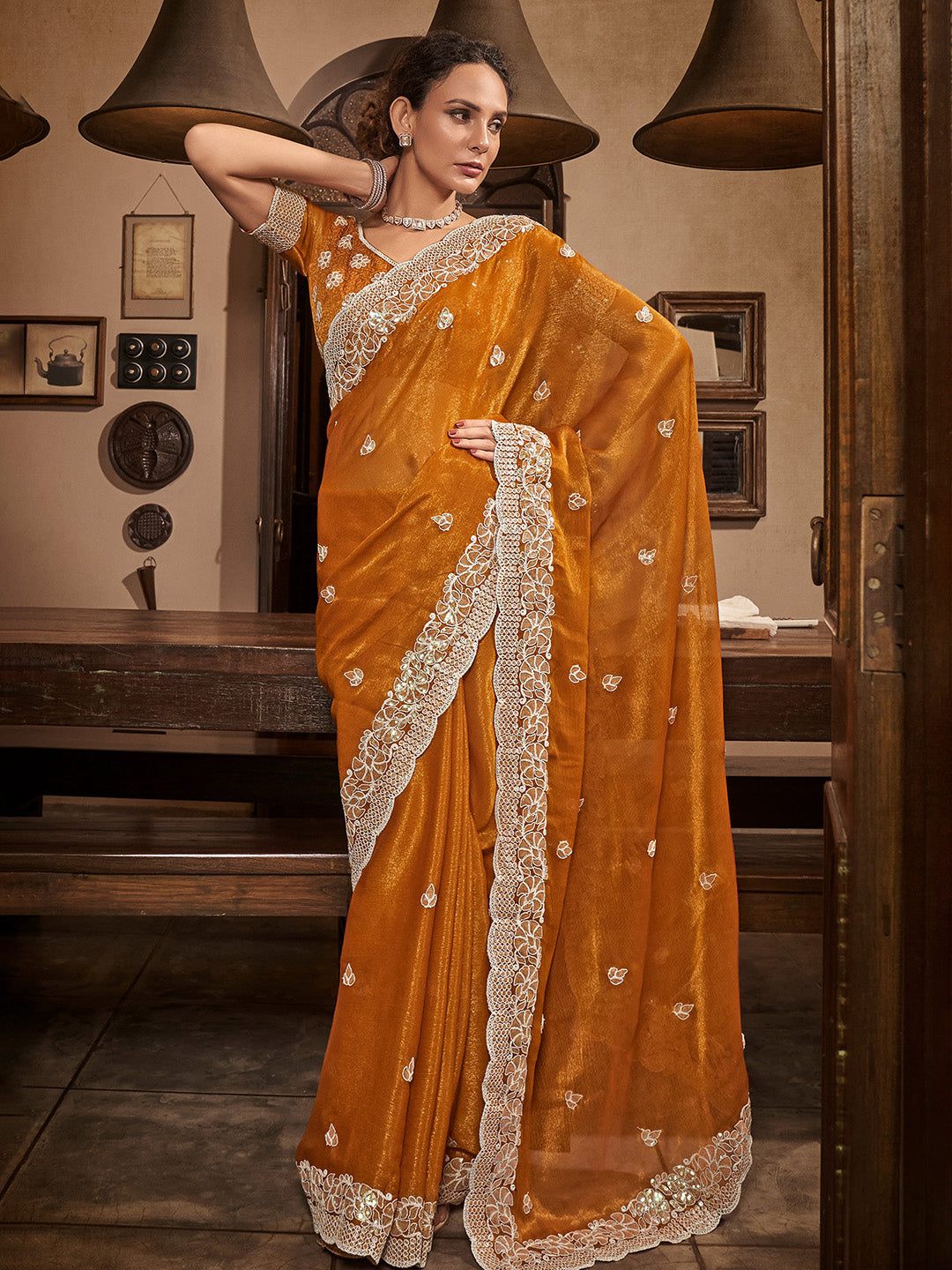 Mitera Mustard Yellow Floral Embroidered Sequinned Pure Chiffon Saree - Distacart