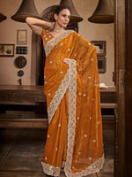 Thumbnail for Mitera Mustard Yellow Floral Embroidered Sequinned Pure Chiffon Saree - Distacart