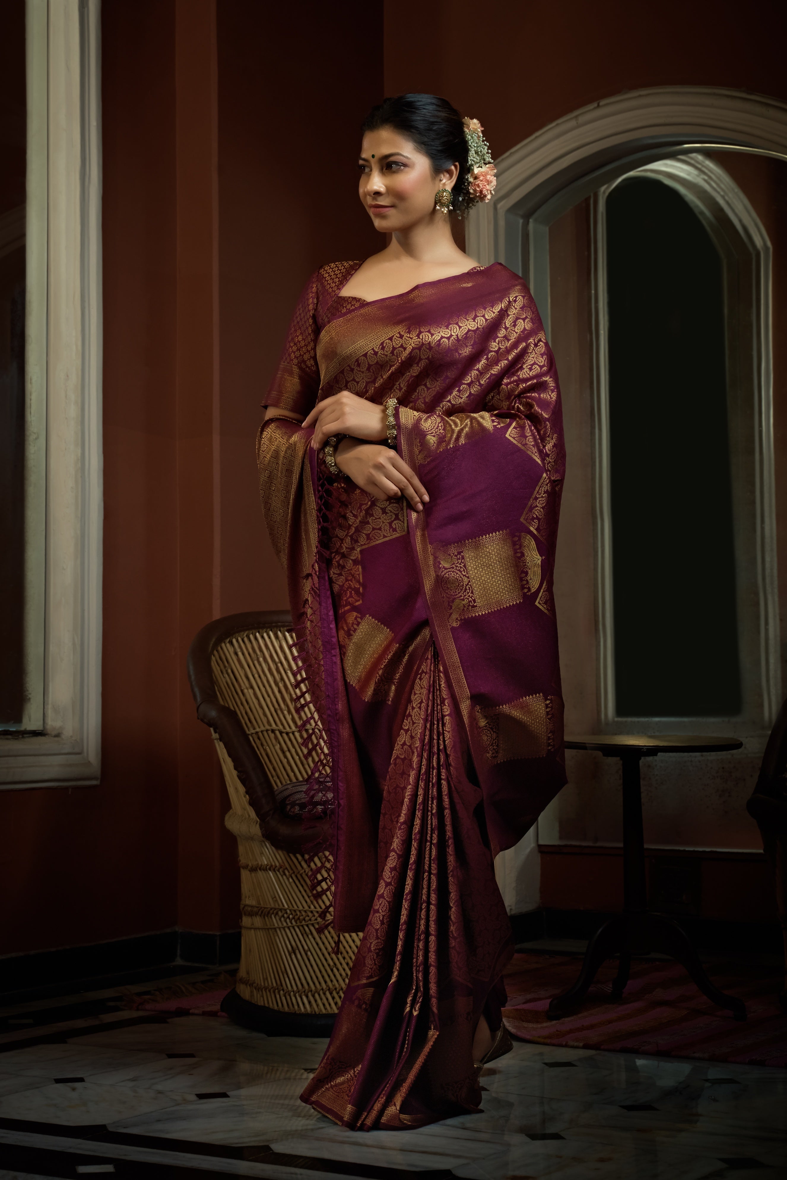 Vardha Tyrian Wine Golden Zari Kanjeevaram Silk Saree