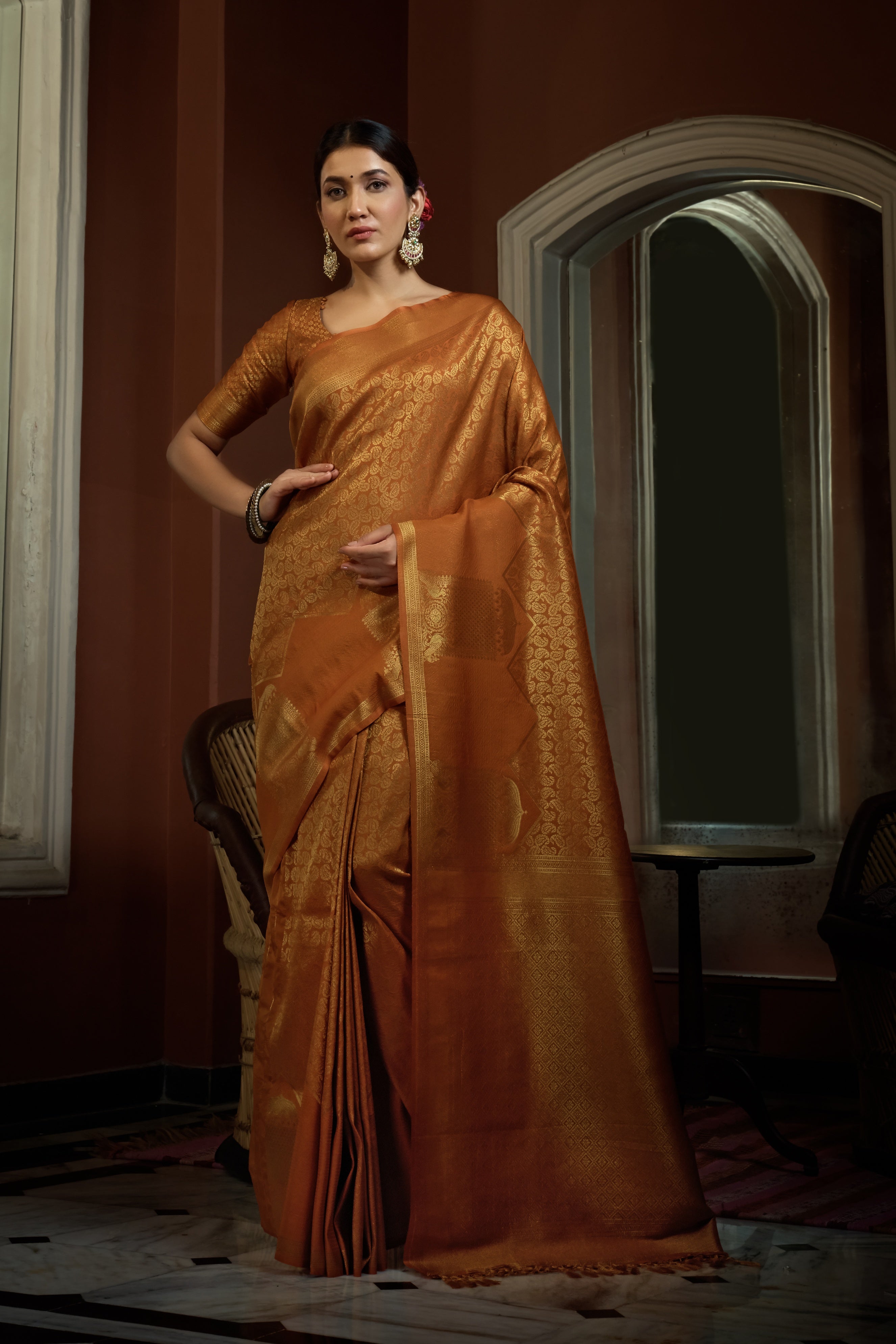 Vardha Ochre Yellow Golden Zari Kanjeevaram Silk Saree
