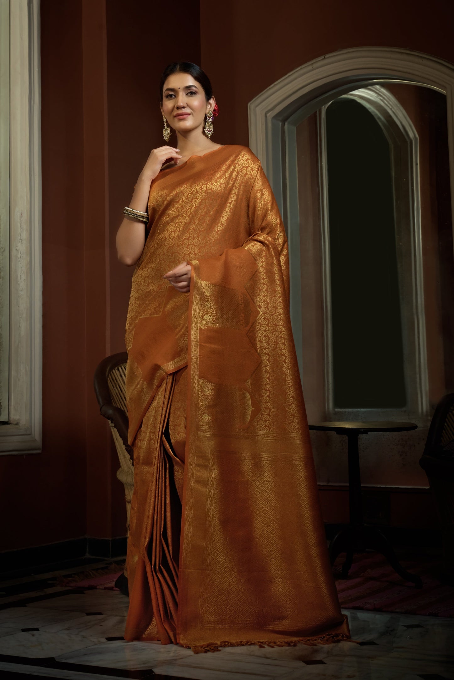 Vardha Ochre Yellow Golden Zari Kanjeevaram Silk Saree