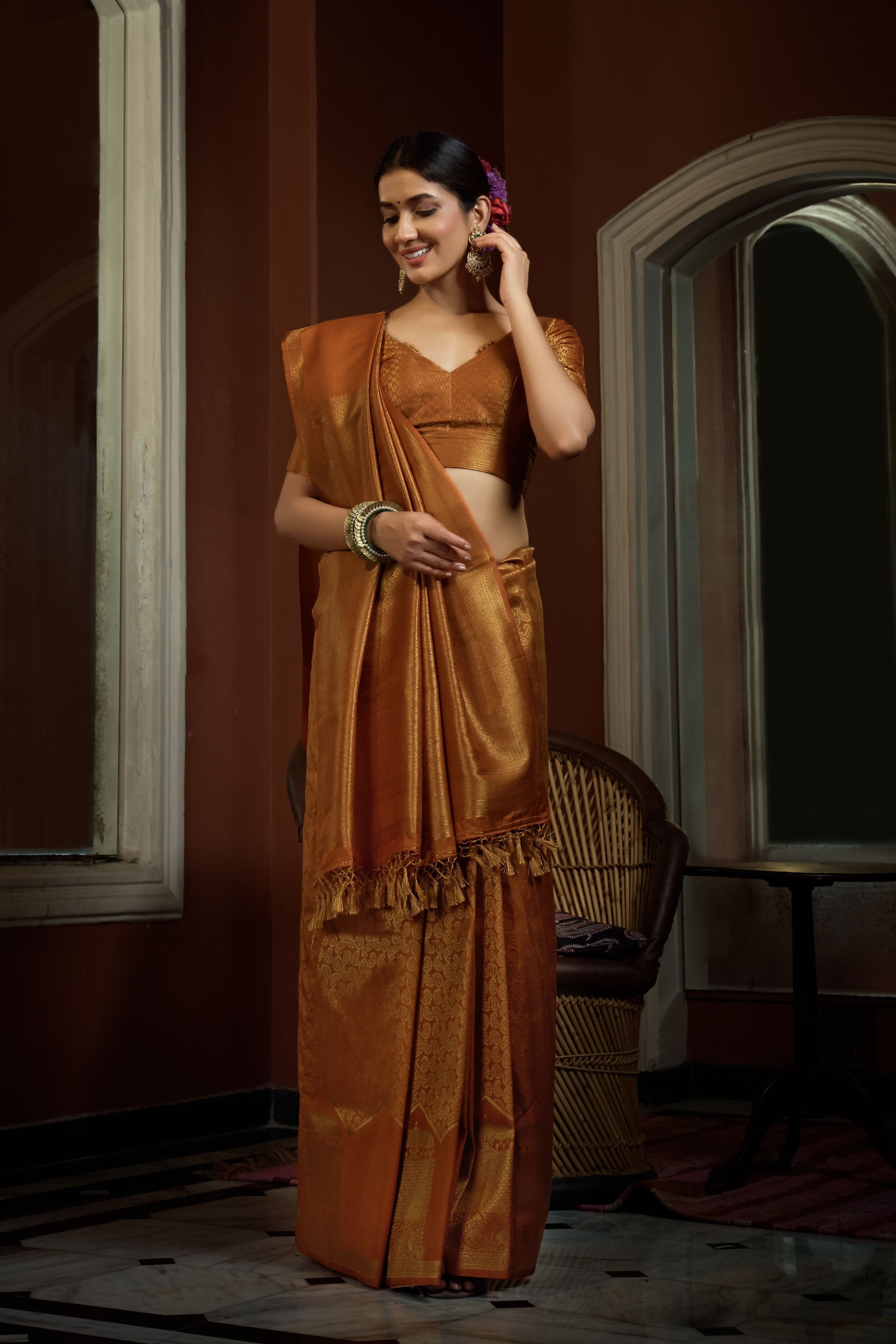 Vardha Ochre Yellow Golden Zari Kanjeevaram Silk Saree