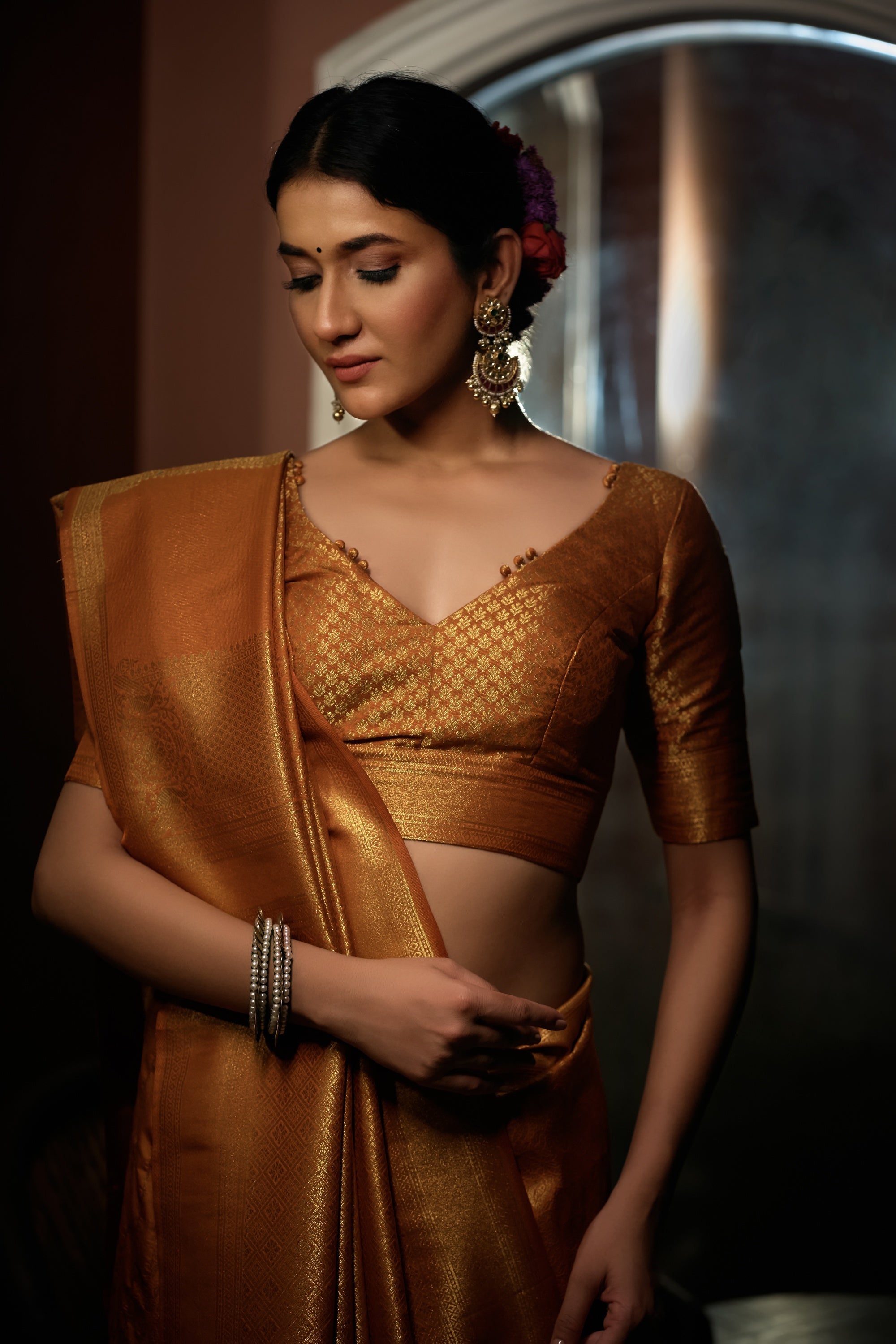 Vardha Ochre Yellow Golden Zari Kanjeevaram Silk Saree