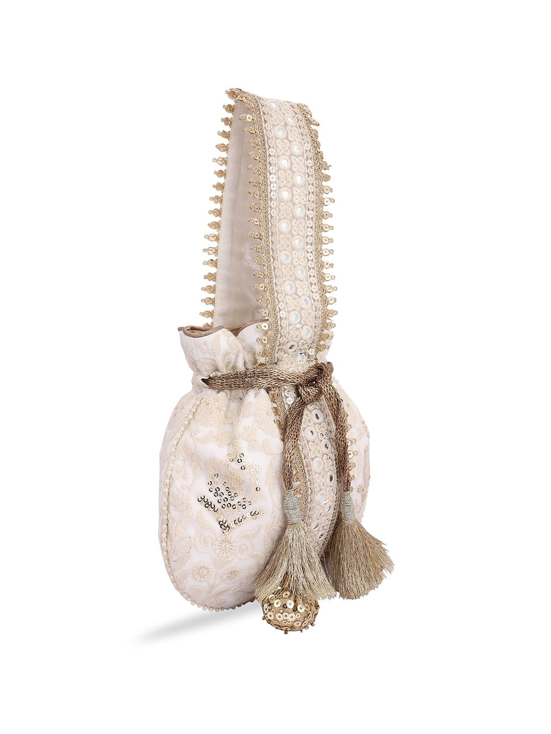 Masq Off White & Gold-Toned Embellished Embroidered Potli Clutch - Distacart